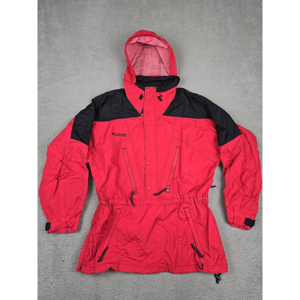 Vintage Columbia Jacket Mens Medium Red Anorak Hooded Snap Mid-Length Nylon 90s